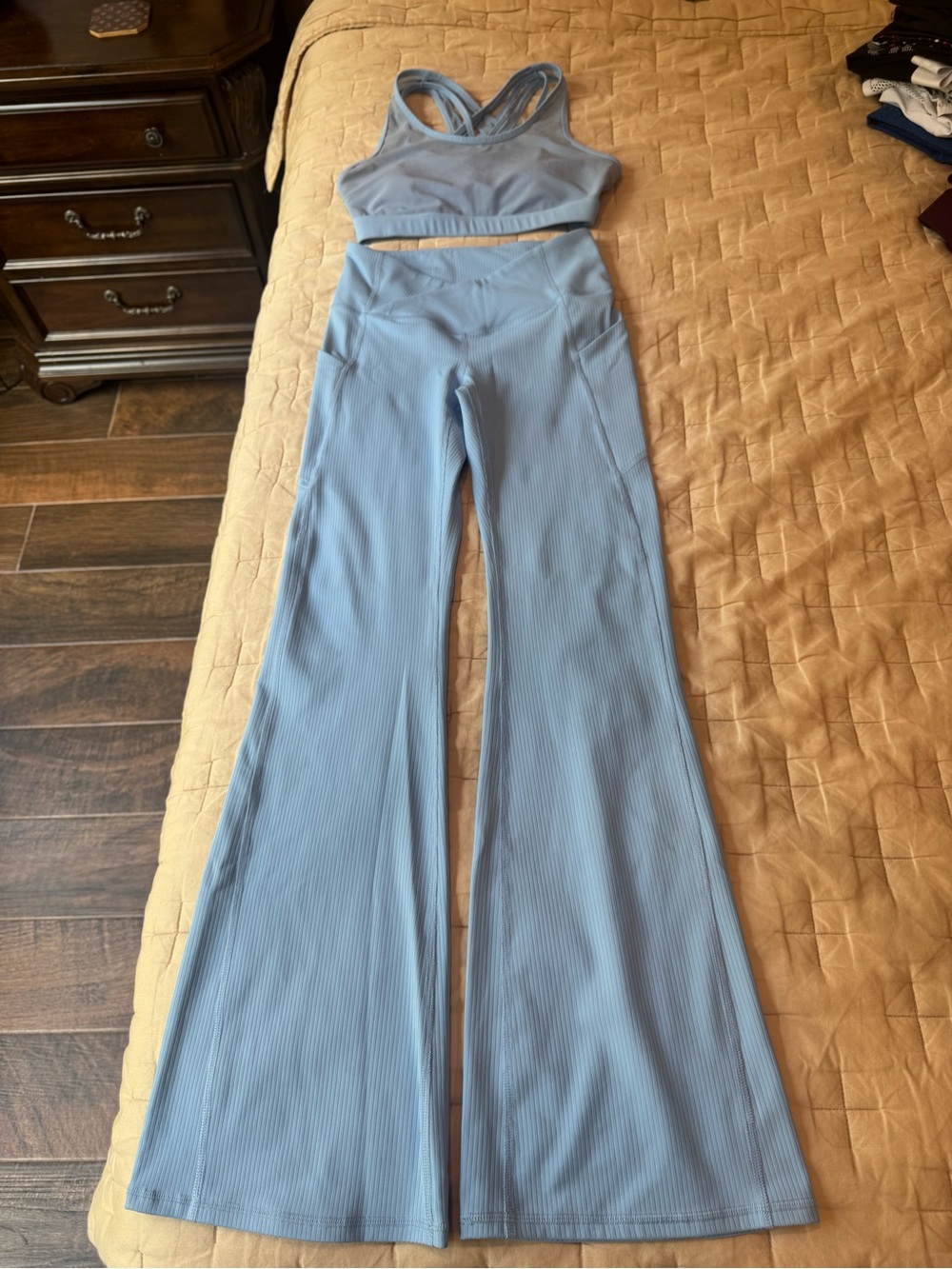 Fabletics Light Blue Ribbed High-Waist Flare Leggings